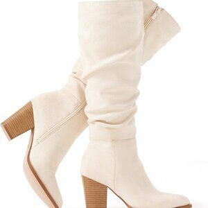 Women's Faux Suede Knee High Slouch Boots with Chunky Heel - Beige - Size 8.5